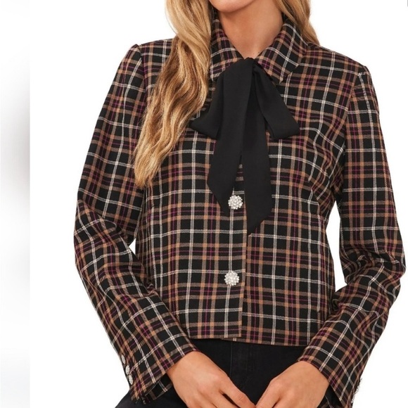 Cece Plaid Tie Neck Blazer Jacket with Rhinestone Button-Up Size XL - Picture 1 of 14
